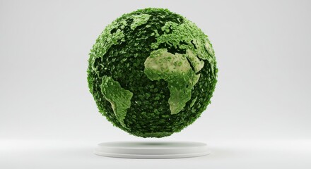A vibrant green earth, covered in leaves, symbolizing a healthy and sustainable planet