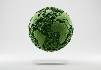 A conceptual render of Earth covered in lush green foliage, signifying environmental preservation and sustainability