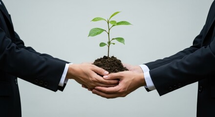 Two business people in suits carefully holding a young green plant with soil, symbolizing collaboration in sustainability