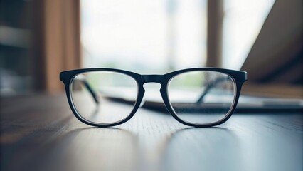 A pair of black-framed glasses rests on a wooden surface, with a blurred background suggesting a casual workspace.