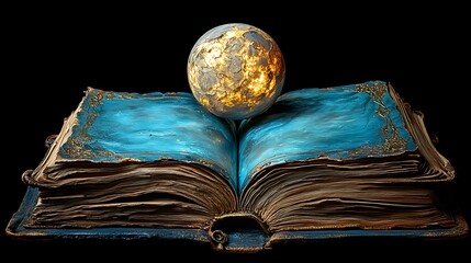 A luminous globe rests atop an antique book.