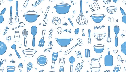 Seamless pattern of blue kitchen utensils