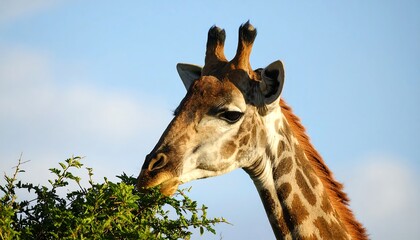 Obraz premium Close-up of a Giraffe Eating Leaves Against a Blue Sky Background