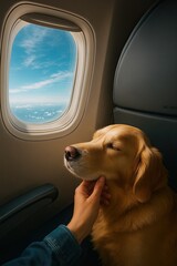 A golden retriever dog enjoys a peaceful moment being petted by a human hand by an airplane window, gazing at the clouds