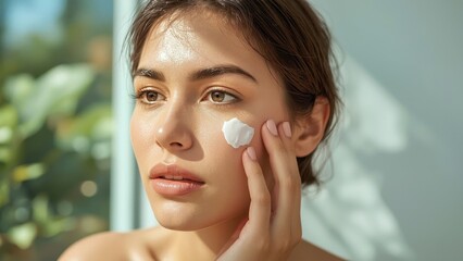 Nicotinamide Cream. Young woman applying skincare cream, natural beaut