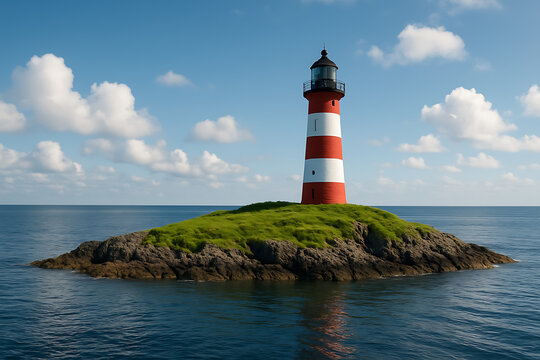 Red and white lighthouse standing on green island in calm ocean under sunny sky lighthouse day - Powered by Adobe