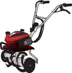 Fototapeta premium 畑を耕すのに使われる、ハンドル付きの赤い動力耕運機のイラスト
