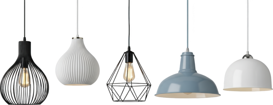 Collection of five modern ceiling pendant lights with diverse designs black white and blue transparent background
