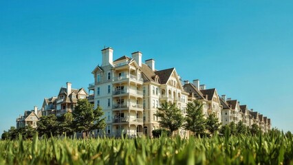 Property management system. Large beige residential building blue sky 