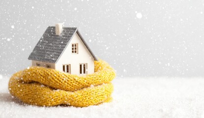 Tiny house wrapped in warm yellow yarn, snow