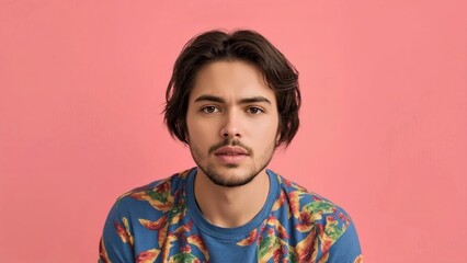 Reaction Video. Young man with dark hair wearing floral shirt against 