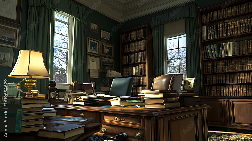 Poster well-organized desk with a stylish lamp and stack of books creating an inspiring study environment