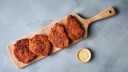 Schnitty. Crispy golden breaded chicken cutlets on wooden board with m