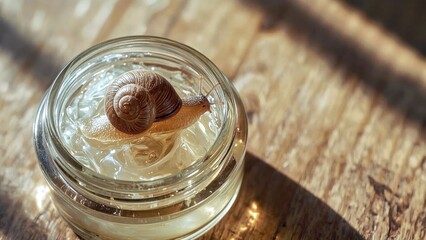 Snail mucin mask. Close-up edible snail on glass jar with cream on woo