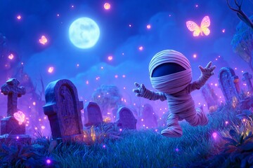A playful mummy chasing a butterfly through a moonlit graveyard