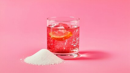 Sugar Alcohol. Clear glass with lemon slice and sparkling water near s