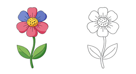 Colorful flower illustration with outlined version for coloring book for children  