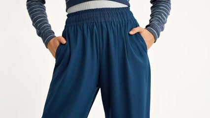 Stretchable Pants. Blue casual pants pockets hands relaxed standing fa
