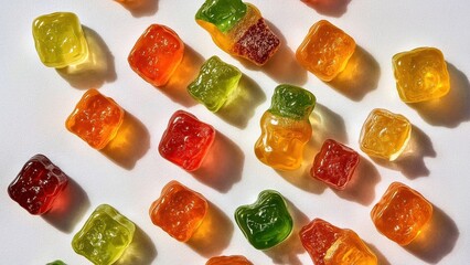 Thc Gummies. Colorful gummy bears close-up with shadows on white backg
