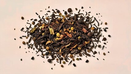 Theanine. Close-up of dried black tea leaves with spices blend on beig