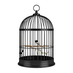 Empty black birdcage with small bird inside