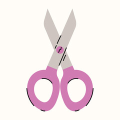 Back to school stationery supply. Hand drawn scissors. Cartoon school element for education, study, sticker, banner, college, flyer, science background, sale poster. Flat isolated vector illustration.