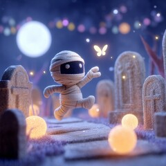 A playful mummy chasing a butterfly through a moonlit graveyard