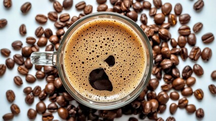 Vietnamese Coffee. Cup of foamy coffee with scattered roasted beans, m