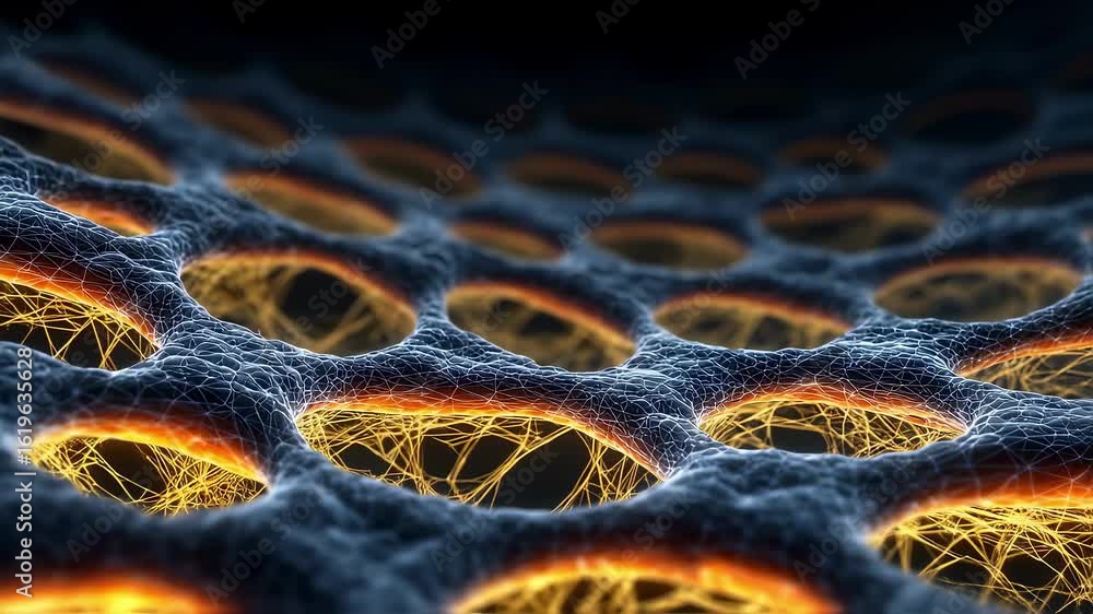 Poster complex network of interconnected nodes forming a futuristic material, glowing orange lines creating