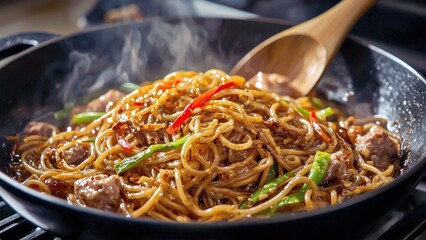 Yakisoba. Spicy beef noodles with red chili green beans in wok cooking