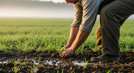 A dedicated farmer carefully planting a green sprout in a fertile agricultural field