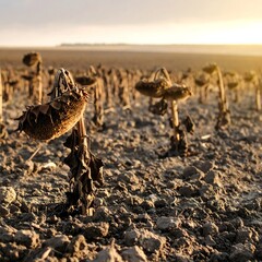 Dried sunflower stalks in parched earth.  Golden hour light