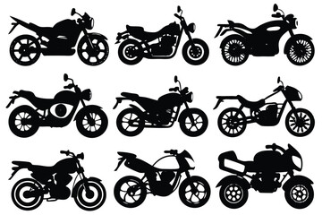 Collection of nine black motorcycle silhouettes on a white background