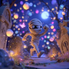 A playful mummy chasing a butterfly through a moonlit graveyard