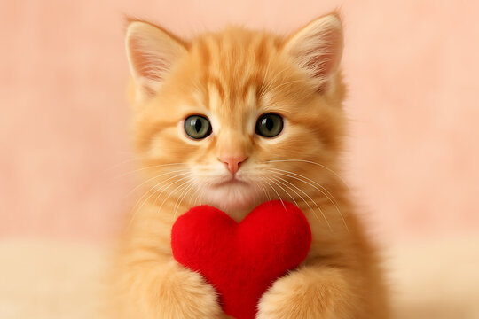 Fluffy orange kitten holding red heart plush toy with innocent eyes on soft pink background international cat day - Powered by Adobe