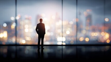 Business professional standing before large window cityscape blurred outside identity hidden with bokeh and lighting corporate mood