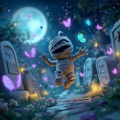 A playful mummy chasing a butterfly through a moonlit graveyard