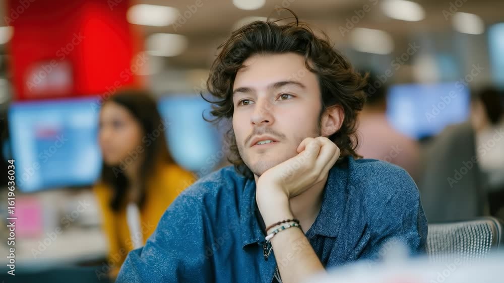 Poster a man with a beard is sitting at a desk with his head on his hand. he is looking at the camera with 