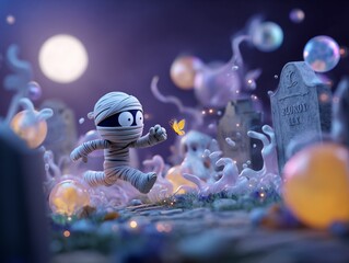 A playful mummy chasing a butterfly through a moonlit graveyard