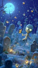 A playful mummy chasing a butterfly through a moonlit graveyard