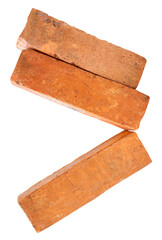 Side view of three cracked old red or orange bricks in stack isolated with clipping path in png file format
