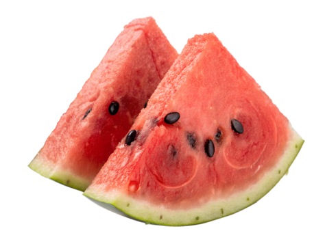 Fresh juicy red watermelon slices with black seeds are isolated. These sweet fruit pieces are placed on a transparent background, ready as a clean PNG.