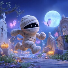A playful mummy chasing a butterfly through a moonlit graveyard