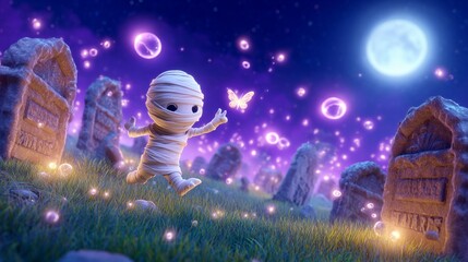 A playful mummy chasing a butterfly through a moonlit graveyard
