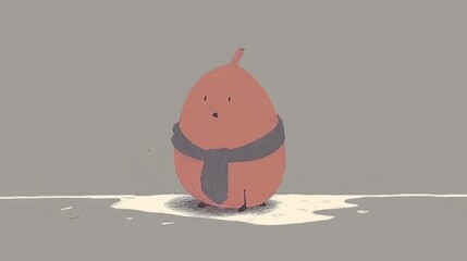 Cute pear character with scarf standing in puddle.