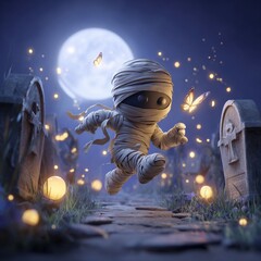 A playful mummy chasing a butterfly through a moonlit graveyard