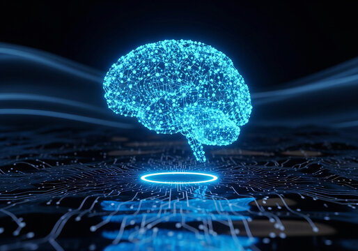 Advanced AI brain visualization glowing with bright blue light over digital circuits