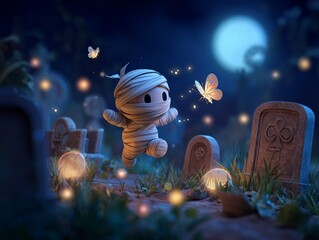 A playful mummy chasing a butterfly through a moonlit graveyard