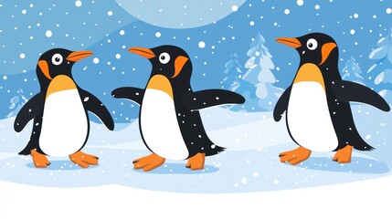 Obraz premium Cute penguins walking in snowy landscape.