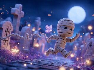 A playful mummy chasing a butterfly through a moonlit graveyard